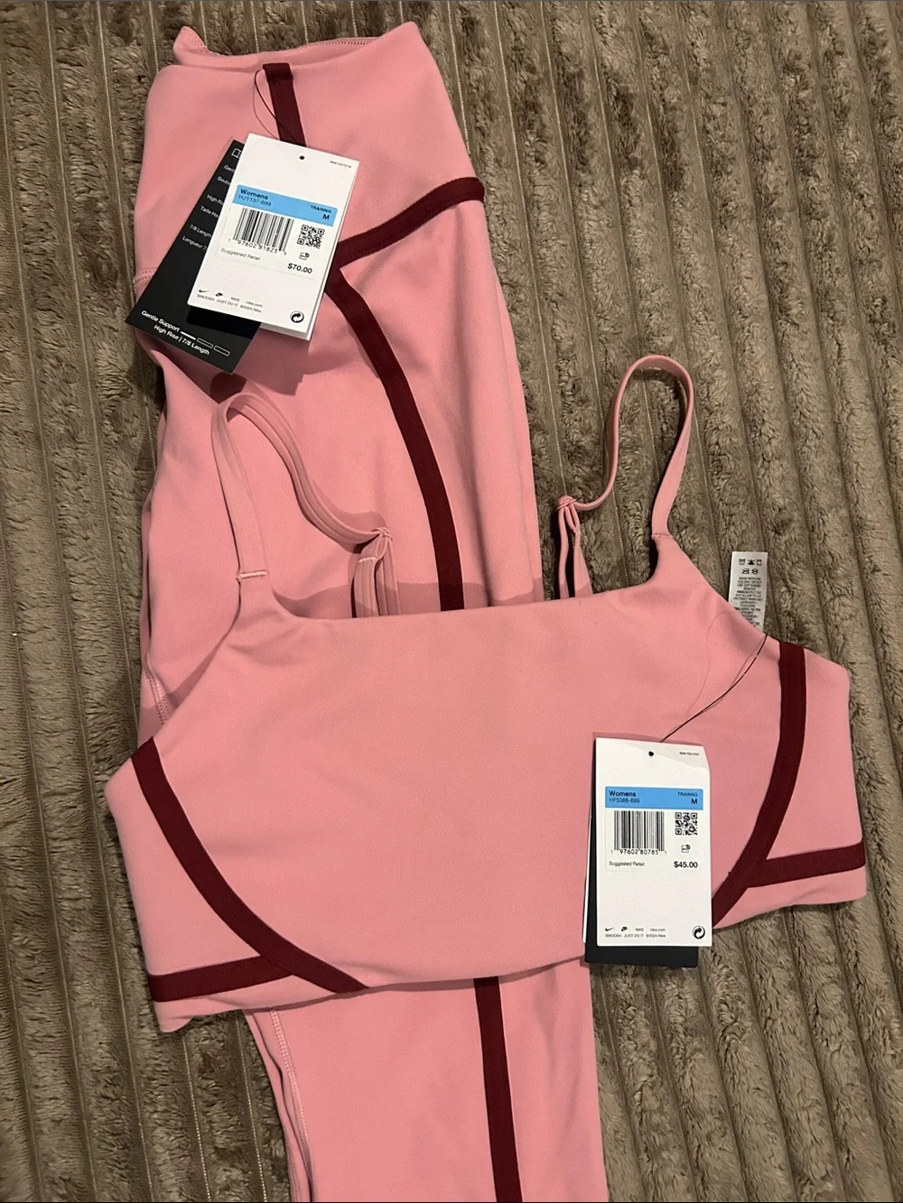 Nike Pink Strappy Sports Bra and Leggings Set with Burgundy Trim